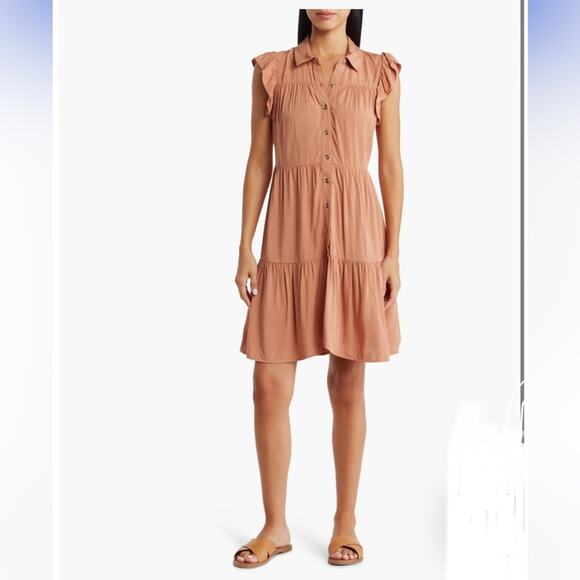 Lucky Brand FLUTTER SLEEVE TIERED SHIRTDRESS IN MOCHA MOUSSE - Picture 1 of 9